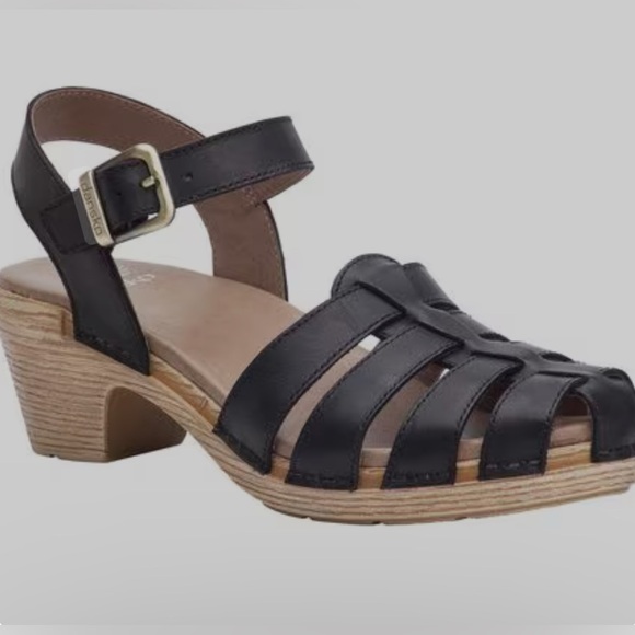 Dansko Shoes - Dansko Milly Fisherman Woven Sandal in Black Leather, wood like soul size 39